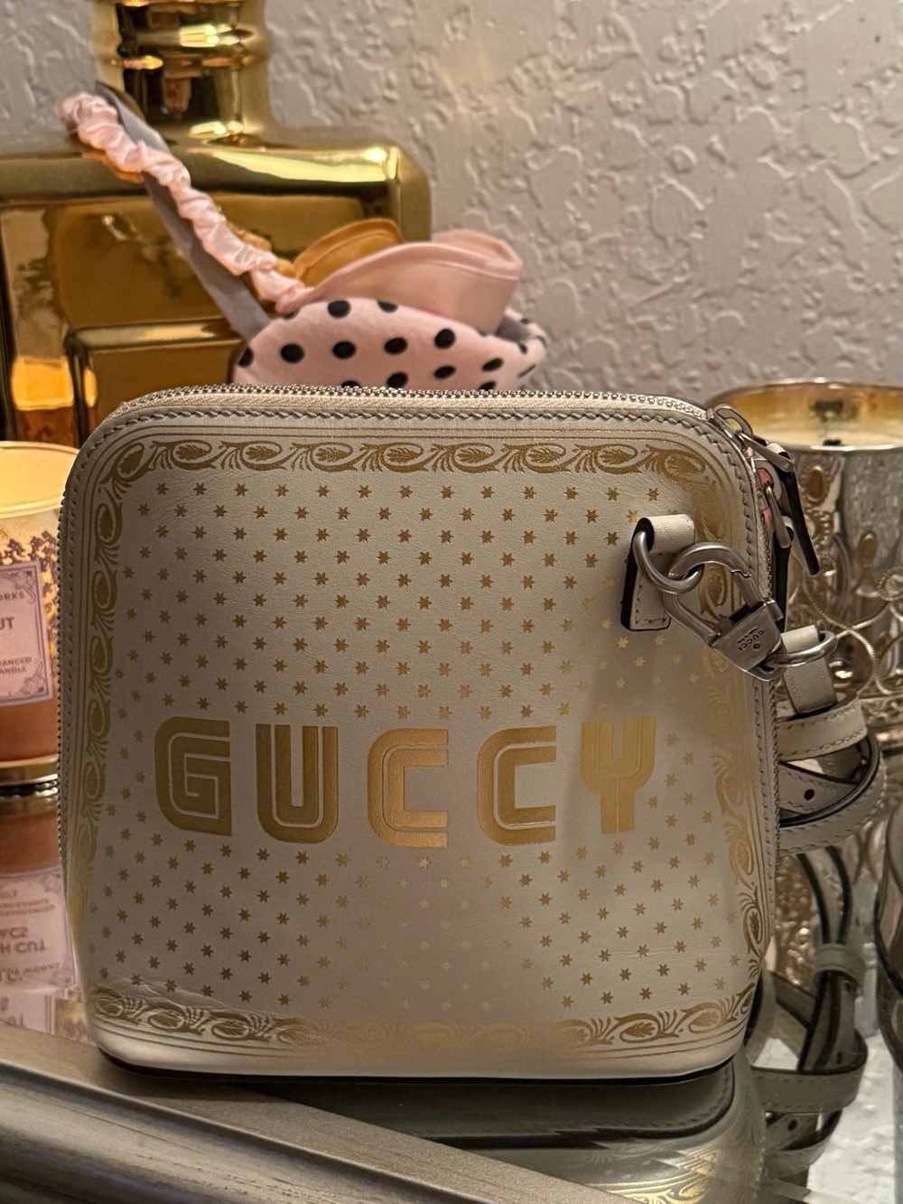 Gucci White and Gold 'GUCCY' Logo Crossbody Bag